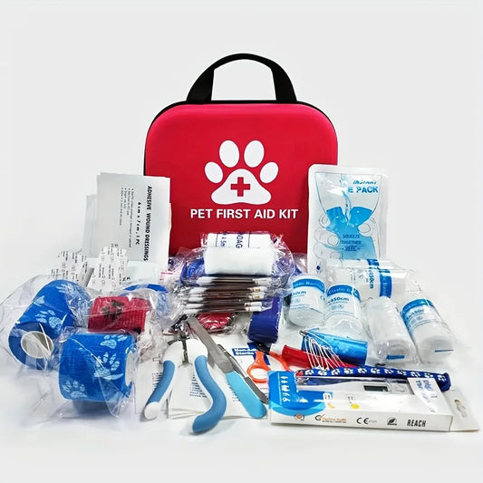 A colorful Pet First Aid Kit with various medical supplies neatly arranged, conveying readiness for pet care. 