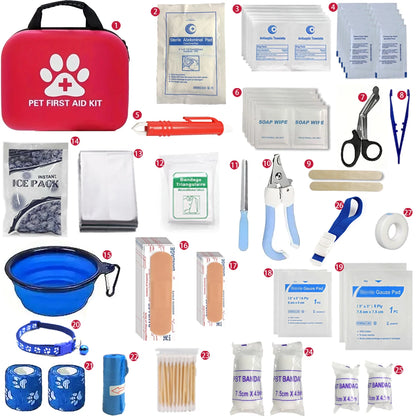 A colorful Pet First Aid Kit with various medical supplies neatly arranged, conveying readiness for pet care. 