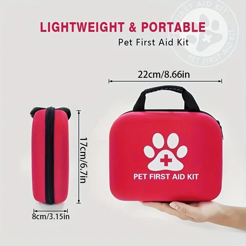 A colorful Pet First Aid Kit with various medical supplies neatly arranged, conveying readiness for pet care. 