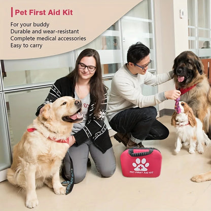 A colorful Pet First Aid Kit with various medical supplies neatly arranged, conveying readiness for pet care. 