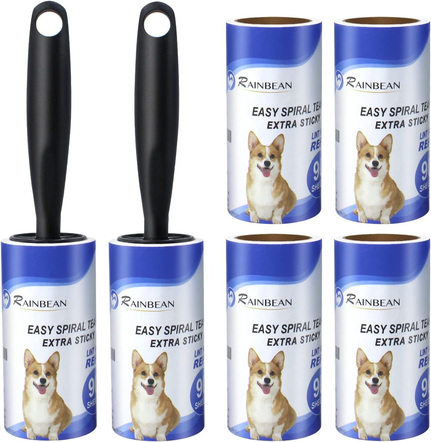 Six Pet Hair Lint Rollers with a black handle and dog design on the labels.