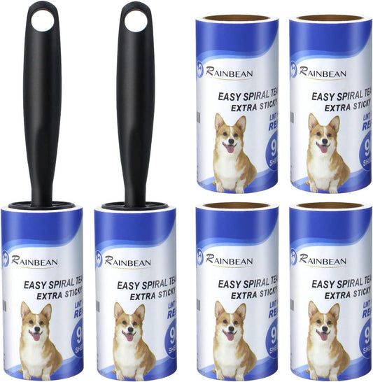 Six Pet Hair Lint Rollers with a black handle and dog design on the labels.