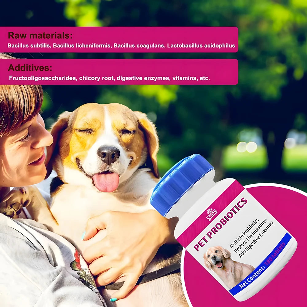 Pet Probiotics with a happy person holding their healthy dog