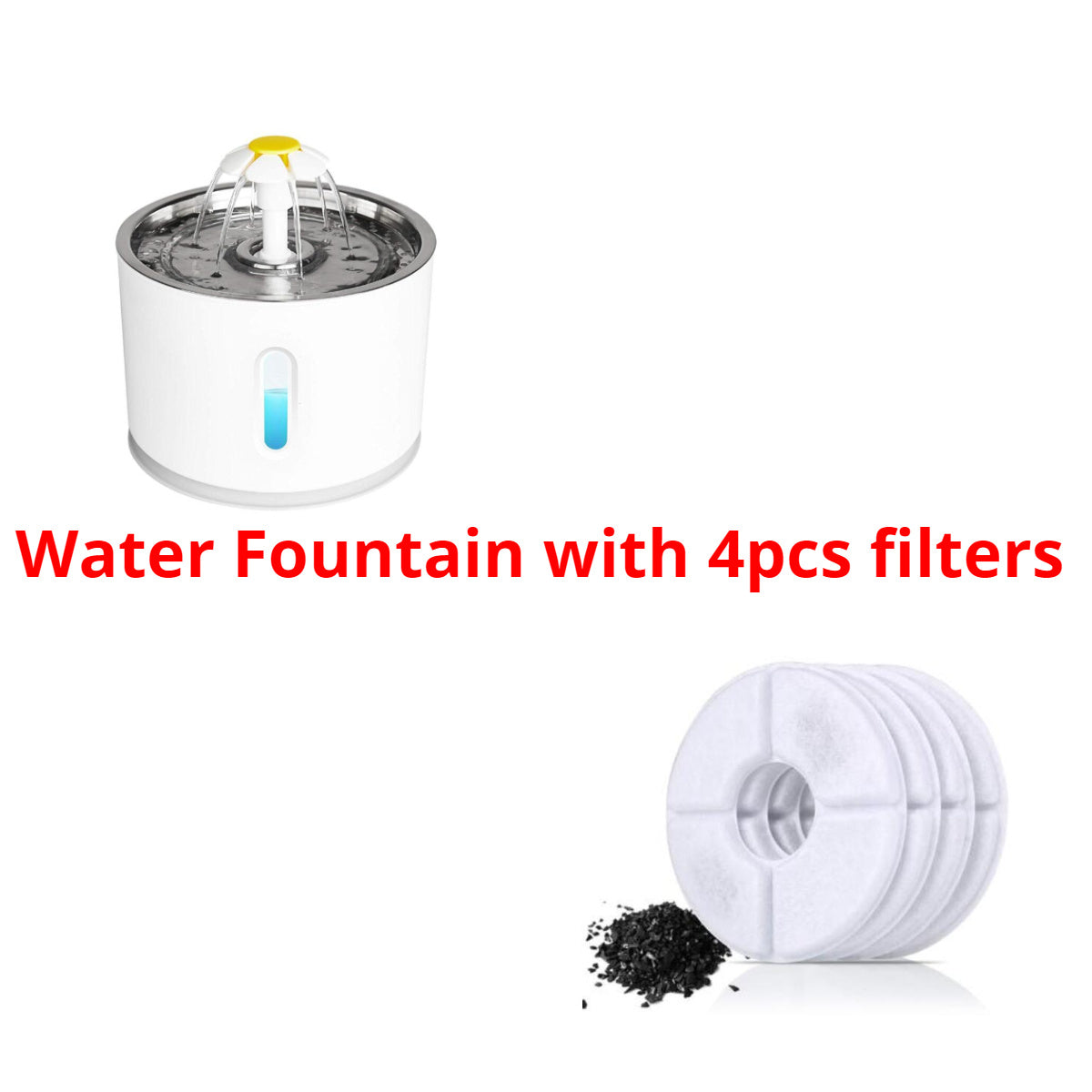 Pet Water Fountain Showing Fountain with four pieces of filters 