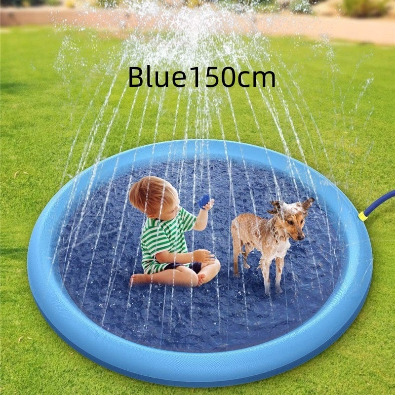 Splash Pad For Dogs, a young toddler and a dog enjoying the cooling water 
