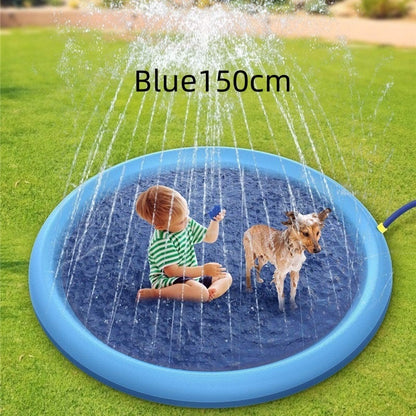 Splash Pad For Dogs, a young toddler and a dog enjoying the cooling water 