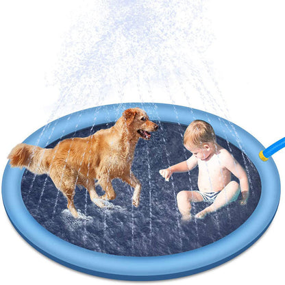 Splash Pad for Dogs, a young baby and a dog play in the cooling waters 