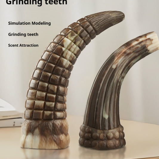 TPU antler and ox horn dog chew toys shown together, highlighting teeth grinding and scent attraction features