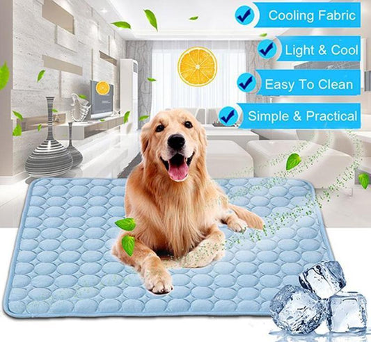 Golden Retriever lying on blue ice silk cooling mat highlighting cooling fabric, lightweight, easy to clean, and simple design features