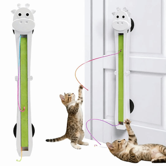 Cats playing with wall-mounted automatic flying rope toys shaped like cartoon animal heads, chasing dangling string cords