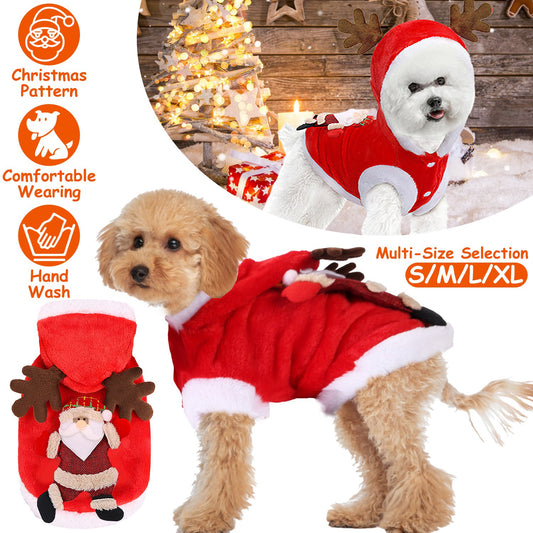 Dogs wearing red Santa reindeer Christmas costumes highlighting soft fabric, comfortable fit, and multiple sizes S to XL
